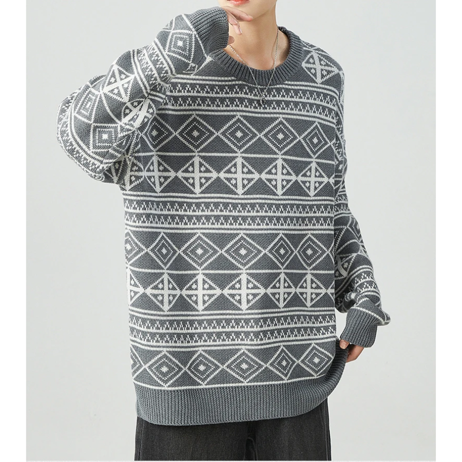 Simpel - Oversized Heren Trui met Geometrisch Patroon en Geribde Boorden