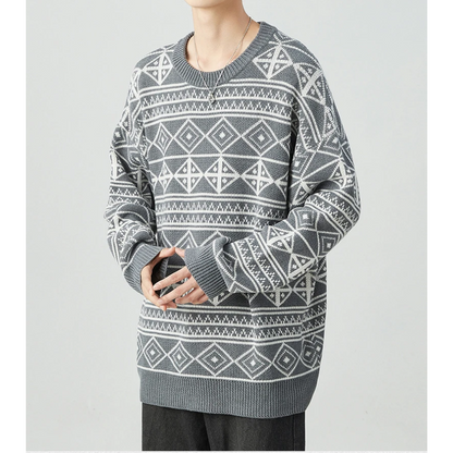 Simpel - Oversized Heren Trui met Geometrisch Patroon en Geribde Boorden