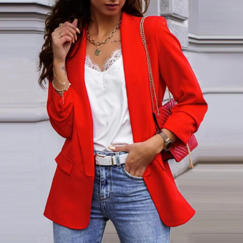 Alovina - Dames Blazer - Lange Blazer Met Revers Kraag en Dubbele Voorzakken